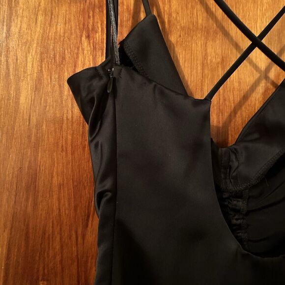 Jason Wu Dress Black Satin Midi Women's Small Ruched Silky Slip Strappy Back Tie - Picture 7 of 11